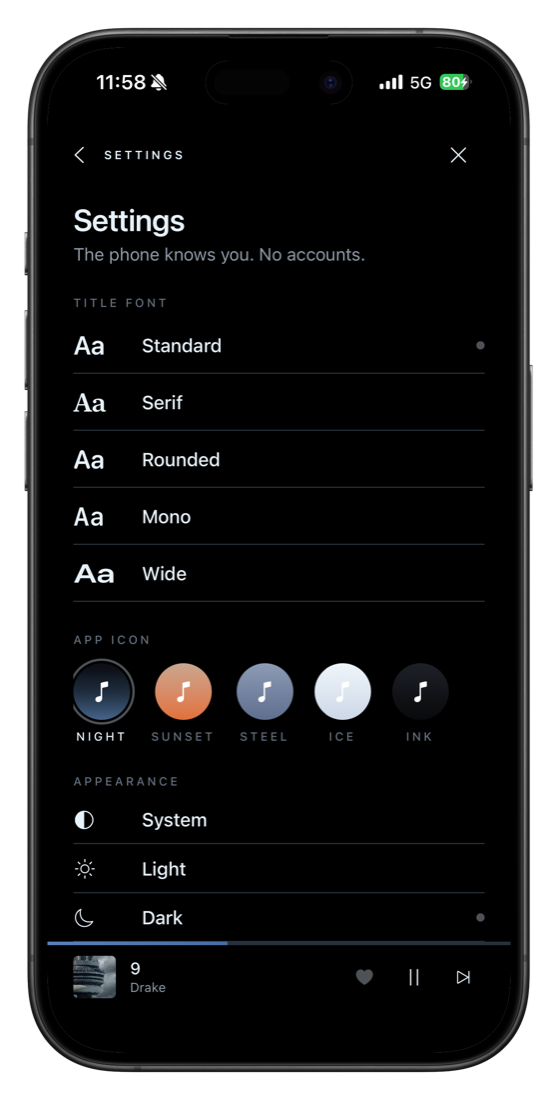 Again Music settings screen
