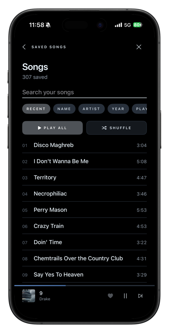 Again Music songs screen