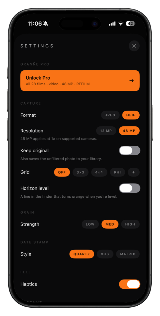 Granne settings screen